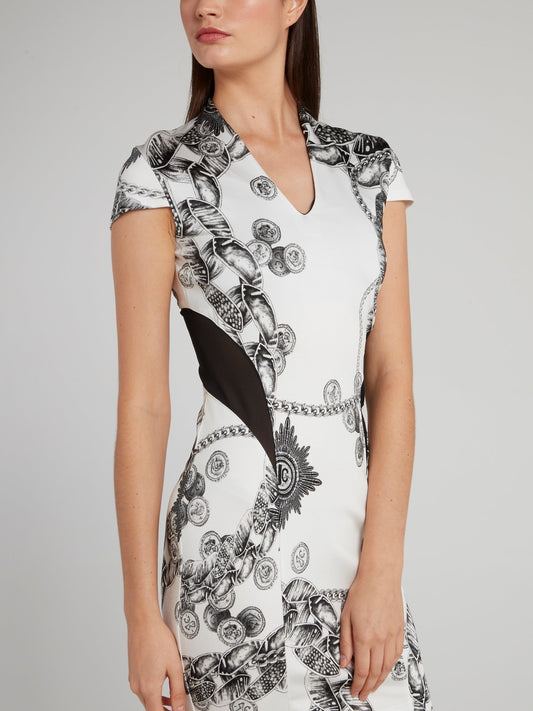 White Printed Mesh Panel Dress