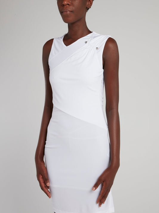 White Ruched Shoulder Sheath Dress