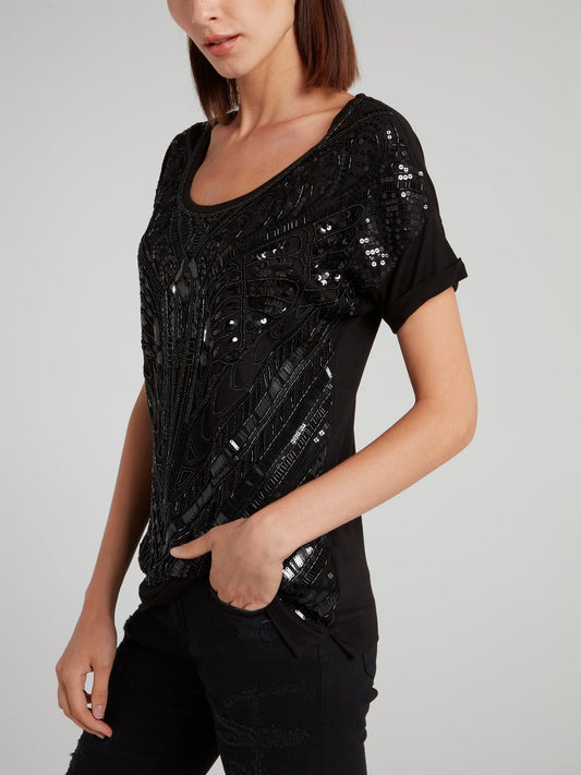 Black Beadwork Scoop Neck Shirt