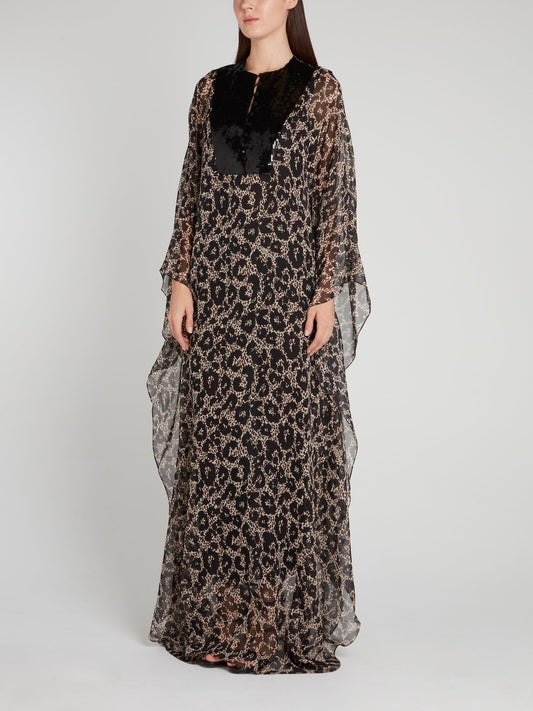 Платье-макси с леопардовым принтом и черным воротником из пайеток