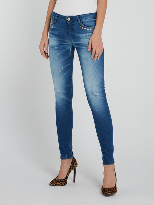 Blue Ring Embellished Denim Pants