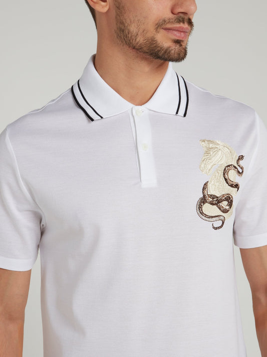 White Embroidered Woven Polo Shirt