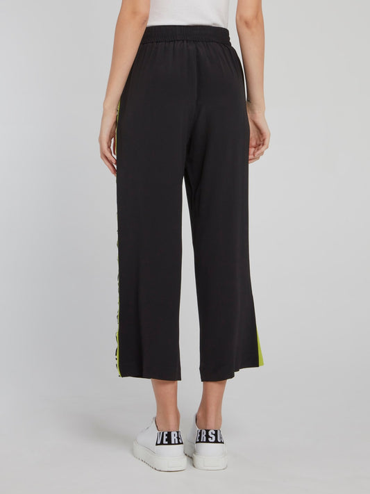 Black Floral Side Stripe Trapeze Pants