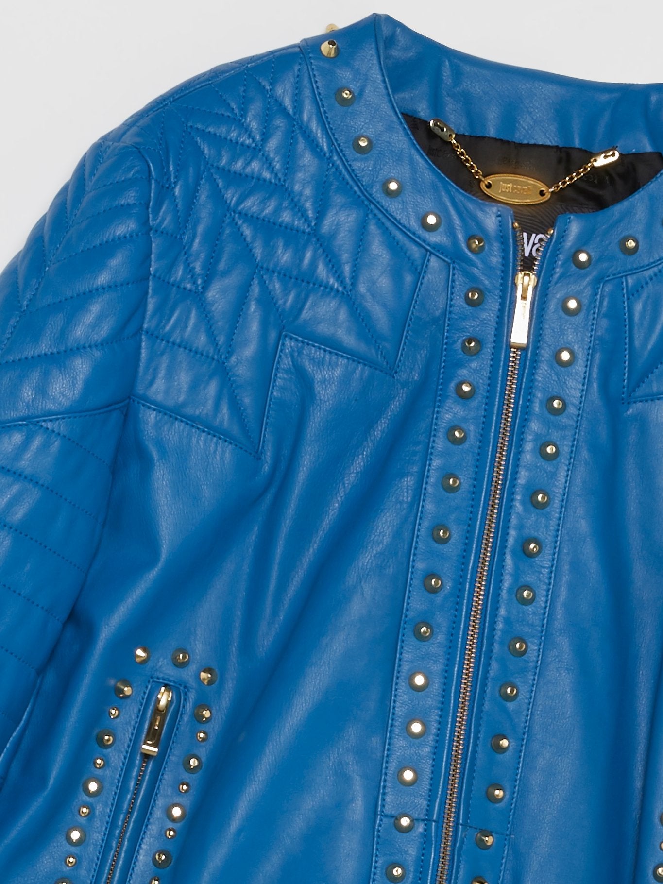 Синяя кожаная куртка с отделкой