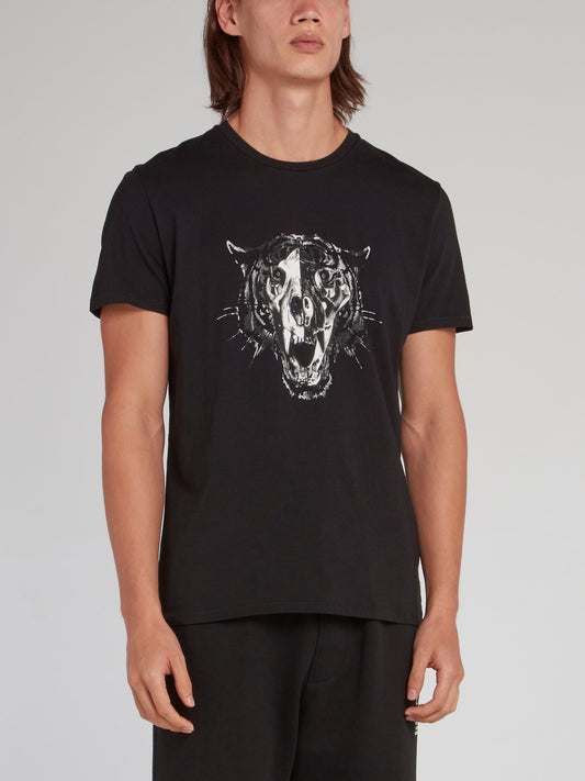 Black Leopard Head Cotton T-Shirt