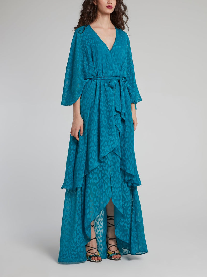 Синее асимметричное платье-макси с леопардовым принтом