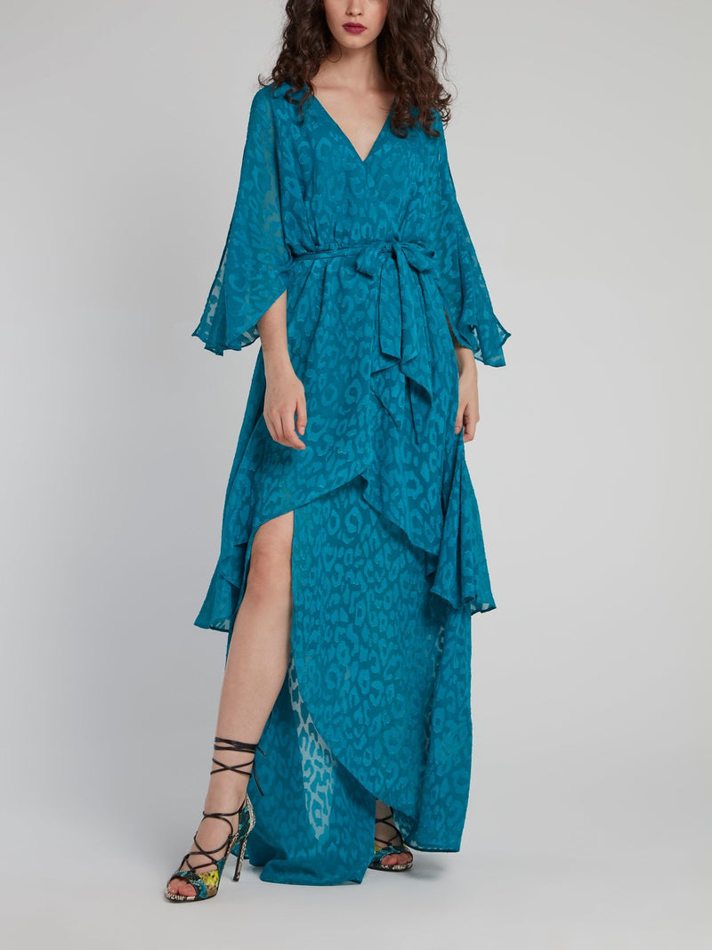 Синее асимметричное платье-макси с леопардовым принтом