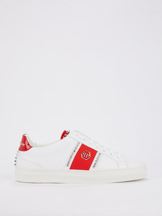 White Contrast Patch Studded Sneakers