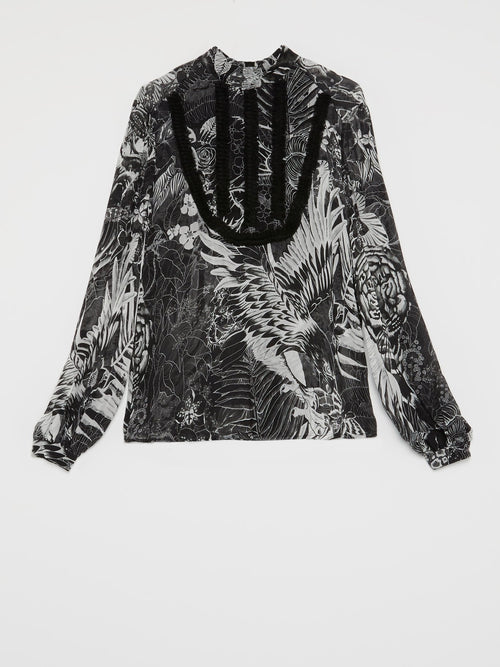 Серая блузка с цветочным принтом и изображением орла