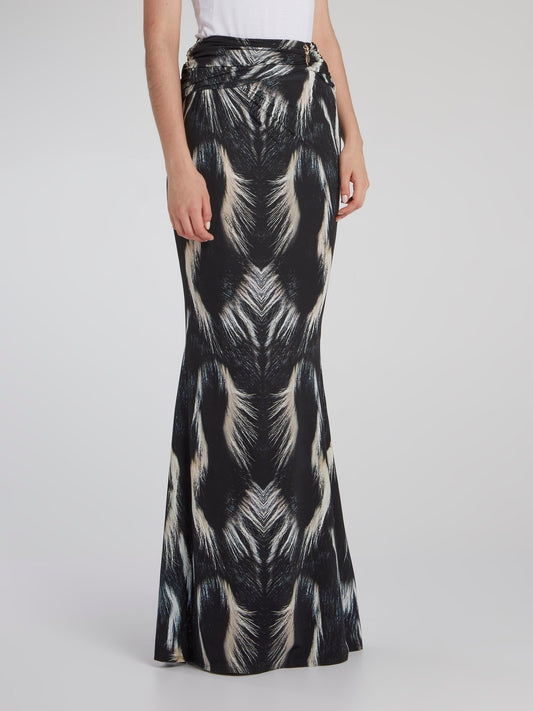 Black Pattern Print Draped Maxi Skirt