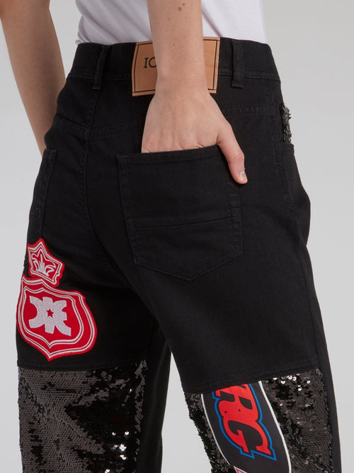 Черные прямые джинсы с логотипом и пайетками