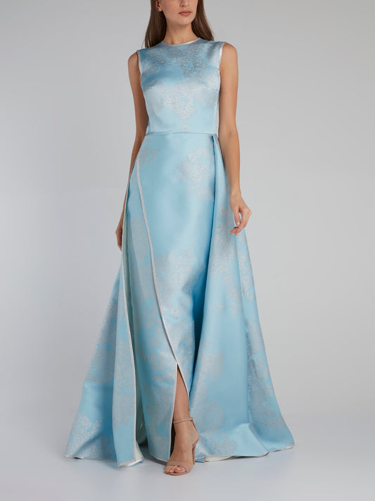 Blue Floral Flared Slit Gown
