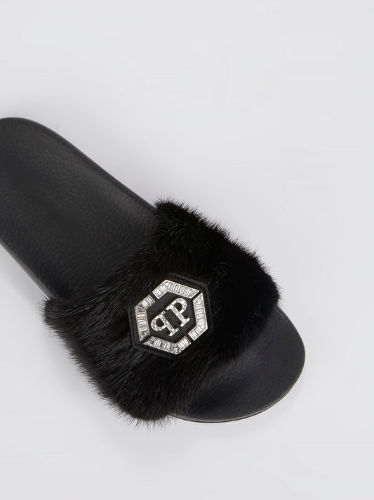 Black Crystal Monogram Fur Slides