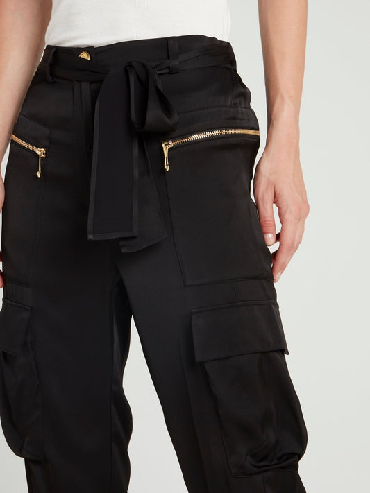 Черные брюки карго с завязкой спереди