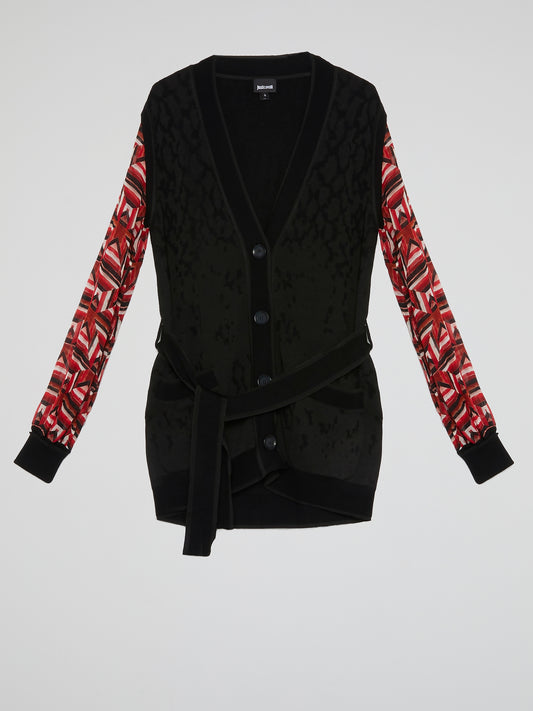 Black Printed Sleeve Belted Cardigan