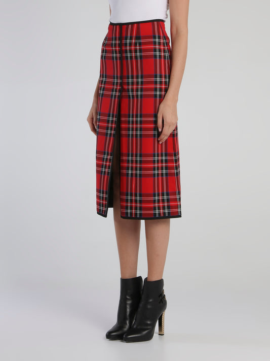 Red Scotland Check Front-Slit Skirt