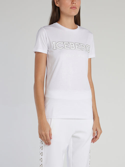 White Studded Logo Cotton T-Shirt