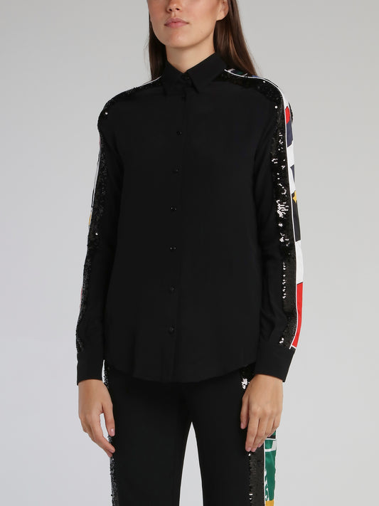 Black Sequin Panel Long Sleeve Shirt