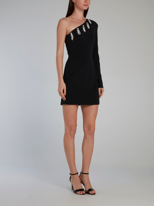 Black Asymmetric Embroidered Mini Dress