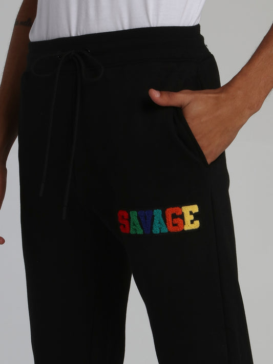 Black Savage Appliquéd Logo Drawstring Active Trousers