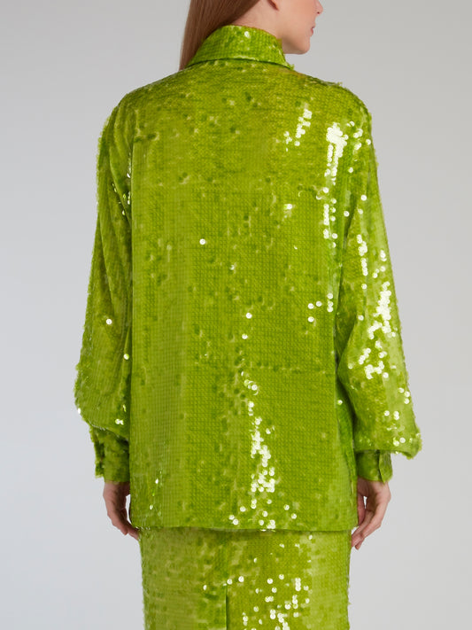 Neon Green Bishop Sleeve Sequin Shirt