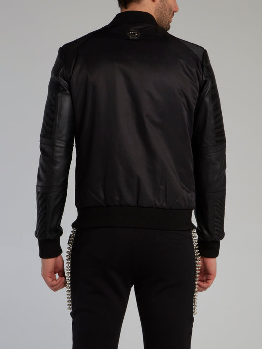 Black Lambskin Leather Bomber Jacket