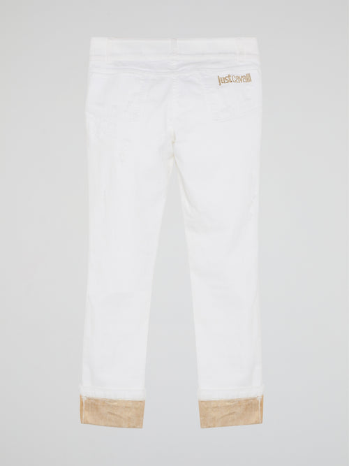 White Contrast Hem Pants