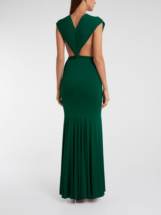 Green Pleated Plunge Maxi Dress