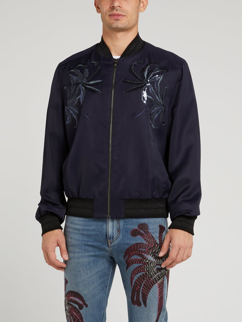 Темно-синяя куртка с тропическим принтом и пайетками