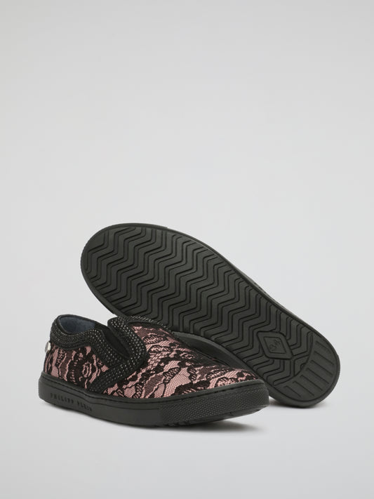 Studded Black Lace Slip-On Sneakers (Kids)