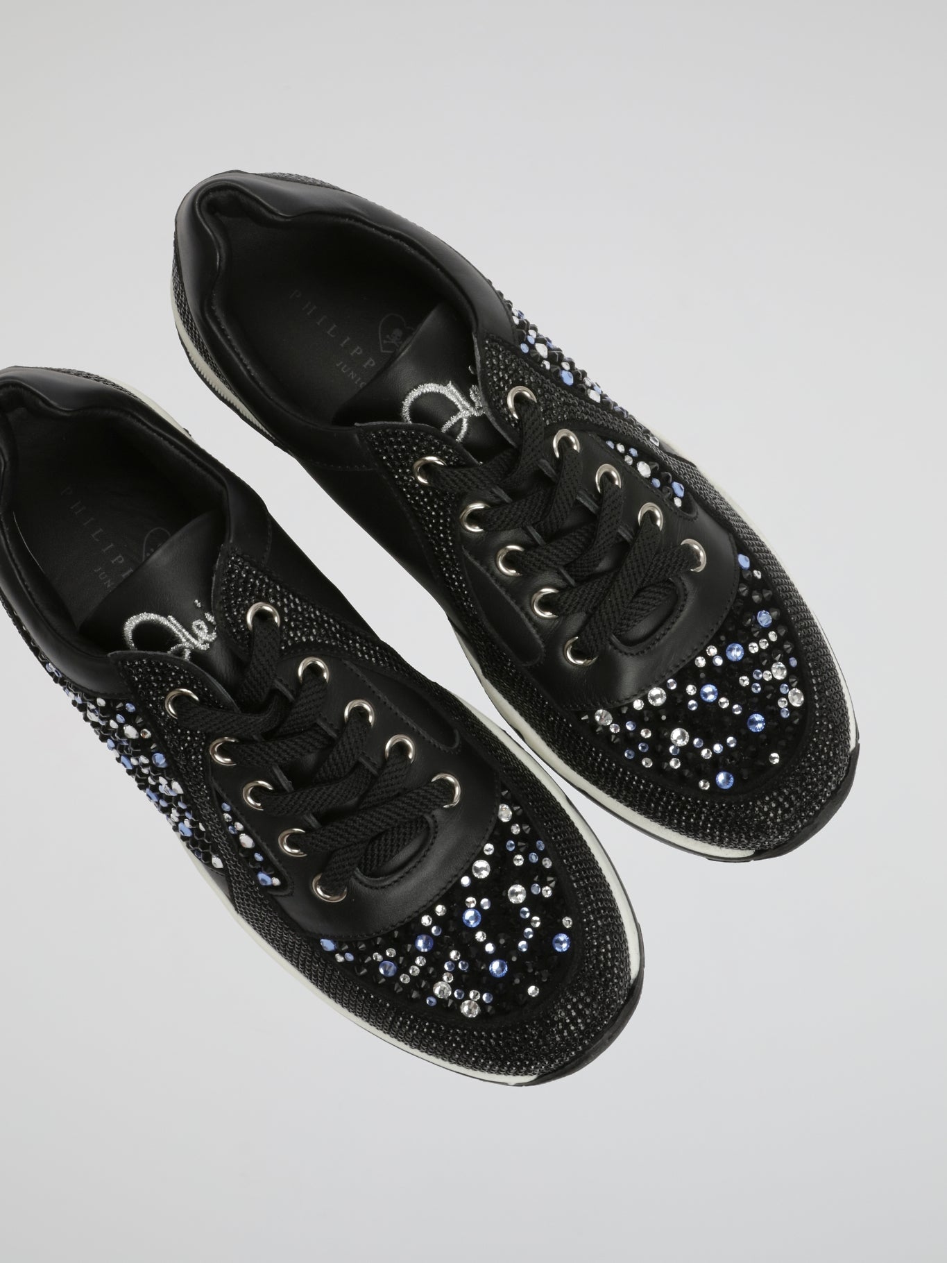 Black Crystal Embellished Lace Up Sneakers (Kids)